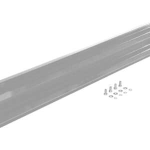 A metal shelf bracket with pre-drilled holes is shown on a white background, with six screws and matching washers arranged in a semicircle, reminiscent of the Vestil Bolt-On Style Guard Rail 6 Ft Silver.