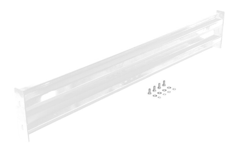 The Vestil Bolt-On Style Guard Rail 6 Ft White features a mounting section for wall attachment, similar to a white metal shelf bracket. Its reflective surface provides robust support, and it is accompanied by small screws and washers on the right side.