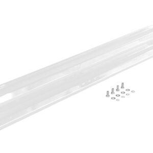The Vestil Bolt-On Style Guard Rail 6 Ft White features a mounting section for wall attachment, similar to a white metal shelf bracket. Its reflective surface provides robust support, and it is accompanied by small screws and washers on the right side.