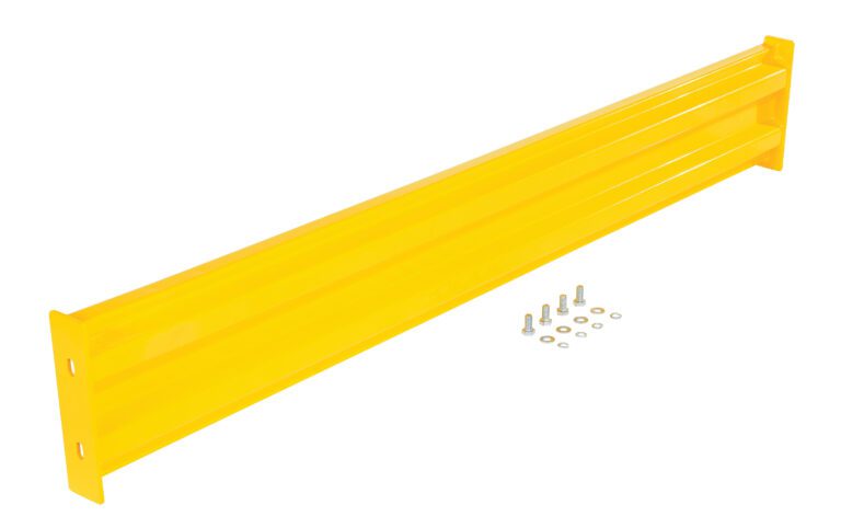 A long, yellow metal beam with a rectangular profile is diagonally positioned against a white background, alongside bolts and washers, suggesting the assembly of the Vestil Bolt-On Style Guard Rail 6 Ft Yellow for robust protection.