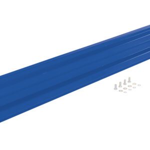 The image displays a long, ribbed blue metal beam similar to the Vestil Bolt-On Style Guard Rail 8 Ft Blue, accompanied by screws and washers positioned beside it.