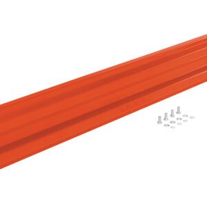 A Vestil Bolt-On Style Guard Rail 8 Ft Orange, paired with small silver screws and washers, lies against a pristine white background.