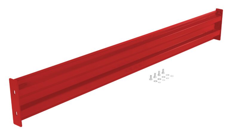 The Vestil Bolt-On Style Guard Rail 8 Ft Red, with a vibrant red finish and horizontal design, echoes the durability of a metal shelf bracket. Featuring multiple grooves, it includes bolts and washers for easy mounting and is elegantly set against a pristine white background.