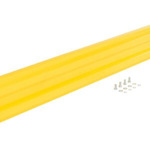 The Vestil Bolt-On Style Guard Rail 8 Ft Yellow is shown horizontally, showcasing its sturdy design, with multiple screws, washers, and nuts neatly placed to the right.