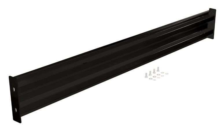 GR-F2R-BO-9-BK_A.jpg A black metal bracket, similar to the Vestil Bolt-On Style Guard Rail 9 Ft Black, has two end plates with screw holes. Next to it, screws and washers are neatly arranged on a white background.