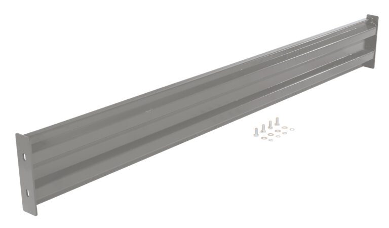 A long, metallic gray support brace mirrors the Vestil Bolt-On Style Guard Rail 9 Ft Gray Semi Gloss with a flat, rectangular shape and end holes. Small nuts and bolts are nearby.