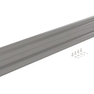 A long, metallic gray support brace mirrors the Vestil Bolt-On Style Guard Rail 9 Ft Gray Semi Gloss with a flat, rectangular shape and end holes. Small nuts and bolts are nearby.