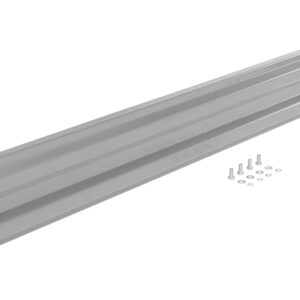 A long, metallic, rectangular object with grooves resembles a Vestil Bolt-On Style Guard Rail 9 Ft Silver, accompanied by screws and washers on a white background.
