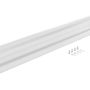 A long, rectangular metal bracket with side panels and screws and washers on the right resembles the sturdy Vestil Bolt-On Style Guard Rail 9 Ft White, ideal for mounting or structural support.