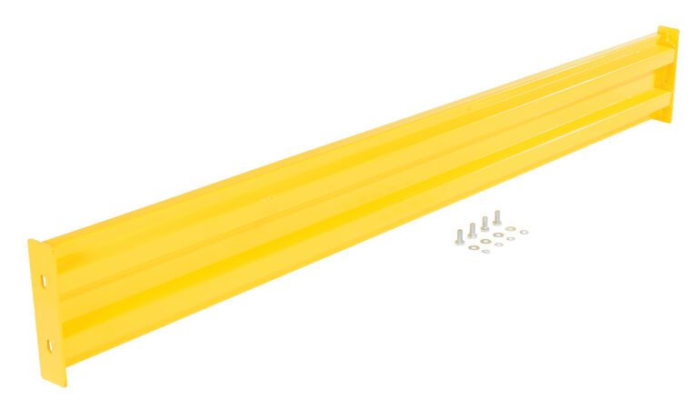 GR-F2R-BO-9-YL_A.jpg A Vestil Bolt-On Style Guard Rail 9 Ft Yellow beam with flat ends rests on a white surface, accompanied by neatly arranged silver bolts and washers for assembly.