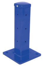 The Vestil Rigid Tube Post 18 In Bolt-On Style Blue is a square metal bollard with a flat top, featuring evenly spaced holes on its front and mounted on a square base for easy ground installation.