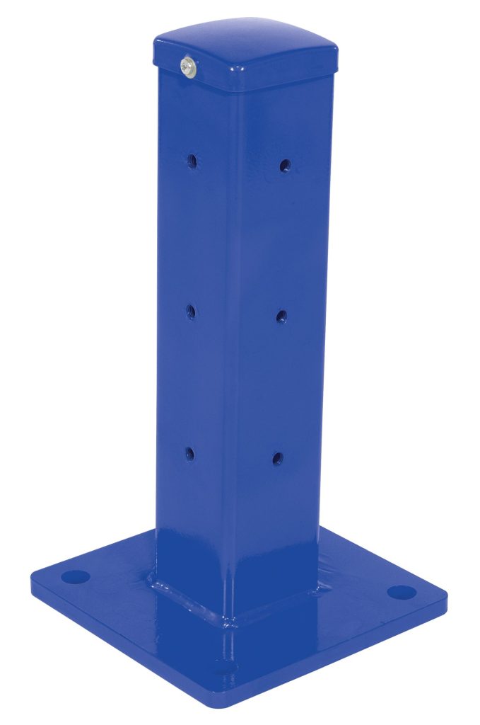 The Vestil Rigid Tube Post 18 In Bolt-On Style Blue is a square metal bollard with a flat top, featuring evenly spaced holes on its front and mounted on a square base for easy ground installation.
