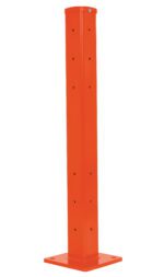 The Vestil Rigid Tube Post 42 In Bolt-On Style Orange is 42 inches tall with a solid orange design, multiple small holes, and a robust square base tailored for bolt-on installations.