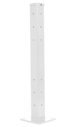 The Vestil Rigid Tube Post 42 In, bolt-on style, boasts a sleek aluminum design with multiple small holes and is mounted on a square base with rounded corners. Its uniform metallic color maintains the structure, complementing its overall appearance.
