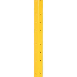 The Vestil Rigid Tube Post 72-Inch Bolt-On Style in yellow features evenly spaced circular holes on its glossy surface and mounts on a square base, making it ideal for traffic or security purposes.