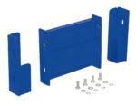 On a white background are three blue metal brackets similar to the Vestil Drop-In Style Guard Rail 1 Ft Blue, along with bolts, nuts, and washers. The arrangement features two smaller side brackets and one larger central plate.