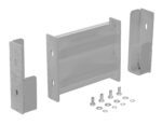 The Vestil Drop-In Style Guard Rail 1 Ft Silver set includes two side pieces and a central piece with pre-drilled holes, alongside multiple screws and washers for easy assembly. It features a sleek silver finish against the white background.
