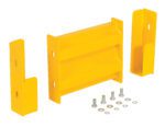 The Vestil Drop-In Style Guard Rail 1 Ft Yellow includes a set of three metal brackets—two L-shaped side brackets and a larger central piece—plus six bolts with washers and nuts, all displayed neatly on a white background.