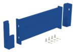 The Vestil Drop-In Style Guard Rail 2 Ft Blue comes with two sturdy blue metal brackets, a rectangular panel, and eight small hardware pieces (screws and washers), all neatly arranged on a white background.