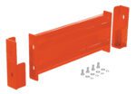 Orange metal shelving components, similar to the Vestil Drop-In Style Guard Rail 2 Ft Orange design, feature a central slotted beam with two upright brackets, plus bolts and washers on a white background.