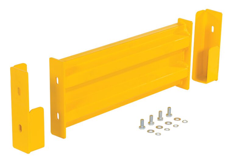 The Vestil Drop-In Style Guard Rail 2 Ft Yellow offers a ribbed long rail and bracket-like ends, and includes eight small bolts and washers for easy assembly, combining safety with style.