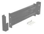 A black metal bracket with two ends and multiple mounting holes, featuring a semi-gloss finish like the Vestil Drop-In Style Guard Rail 3 Ft Gray Semi Gloss. Includes screws, nuts, and washers for easy assembly, ideal for mounting or support tasks.