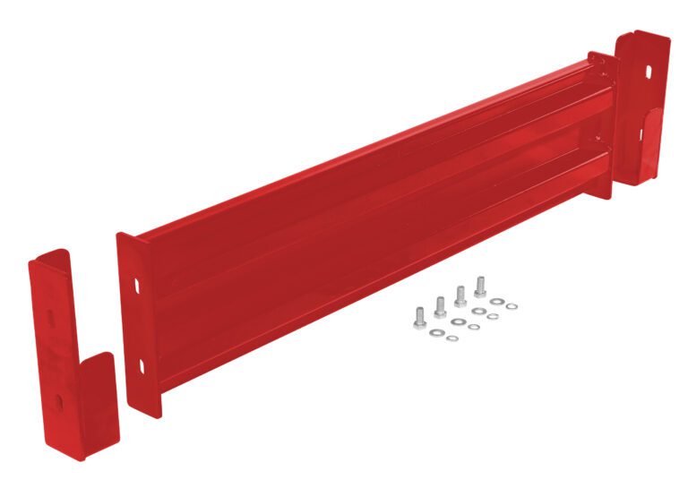 Red metal shelf bracket with end pieces, screws, and washers for wall mounting. It has a flat rectangular shape, offering similar durability to the Vestil Drop-In Style Guard Rail 4 Ft Red, providing strong support with included hardware.