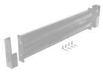 The Vestil Drop-In Style Guard Rail 4 Ft Silver is a metal bracket set with mounting hardware, bolts, and washers. It includes a long rectangular grooved metal piece and two L-shaped metal brackets, all shown against a plain white background.