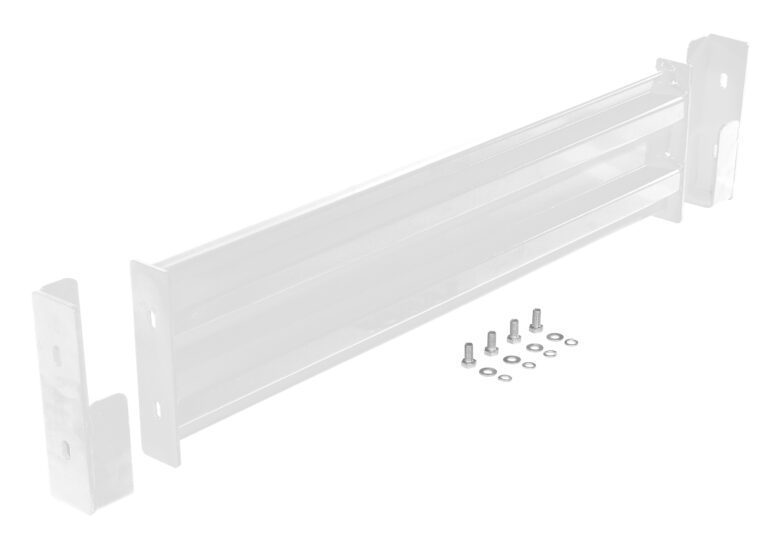 The white metal bracket closely resembles the Vestil Drop-In Style Guard Rail 4 Ft White, with a horizontal bar and two vertical end pieces. Four bolts with washers are placed beside it against a plain white background, creating a clean and minimalist design.