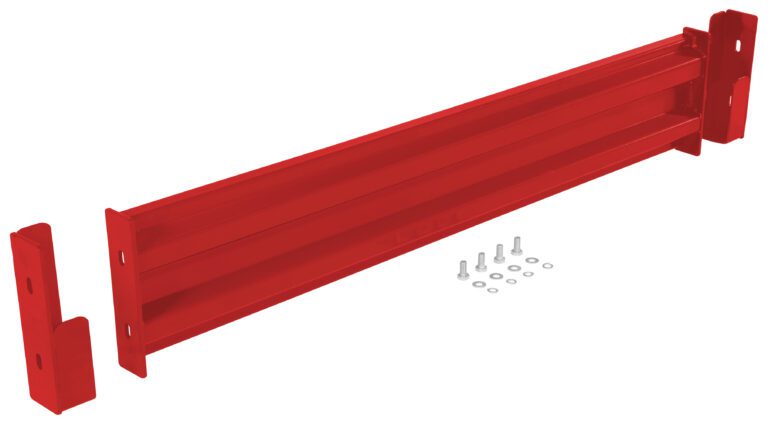 The Vestil Drop-In Style Guard Rail 5 Ft Red includes a metal bracket with a horizontal component, grooves, two vertical ends, and comes with six small screws and washers for easy assembly, ensuring sturdy protection.