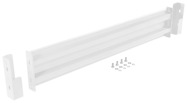 A white sliding door track kit with brackets and mounting screws on a white background complements the Vestil Drop-In Style Guard Rail 5 Ft White, featuring two rails and all necessary installation hardware.
