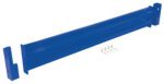 The Vestil Drop-In Style Guard Rail 6 Ft Blue includes a shiny blue metal beam, two secure attachment brackets, and a pack of screws and washers arranged alongside.