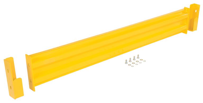 GR-F2R-DI-6-YL_A.jpg The Vestil Drop-In Style Guard Rail 6 Ft Yellow is set against a white background, accompanied by two sturdy support brackets, eight screws, and washers.