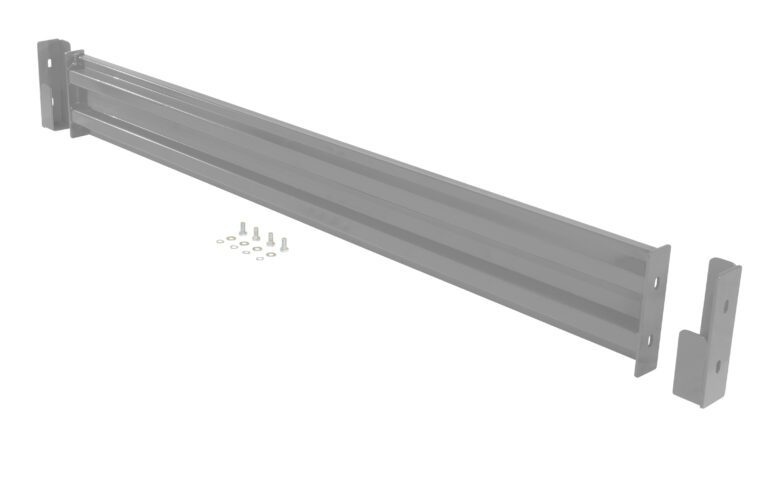 The Vestil Drop-In Style Guard Rail 7 Ft Gray Semi Gloss is a steel wall barrier with rectangular brackets, featuring installation hardware like bolts and washers. Its ideal for protection or demarcation purposes against a crisp white background.