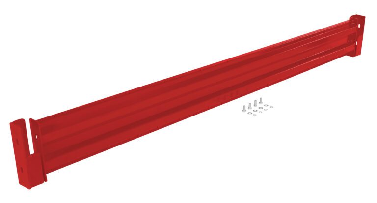 A ribbed, diagonal red metal bracket resembling the Vestil Drop-In Style Guard Rail 8 Ft Red offers robust support. Nearby nuts and bolts emphasize its sturdy stability.
