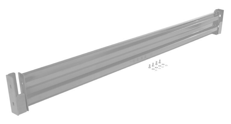 GR-F2R-DI-8-SL_A.jpg An 8 ft polished metallic beam, similar to the Vestil Drop-In Style Guard Rail Silver, lies diagonally on a white background. Two end brackets and installation hardware, including screws and washers, are placed beside it.