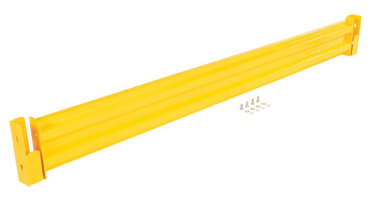 The Vestil Drop-In Style Guard Rail 8 Ft Yellow includes a metal crossbar, mounting brackets, bolts, and washers; shown on a white background.