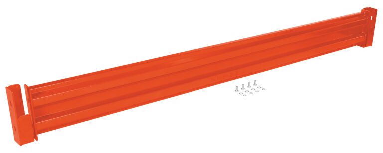 GR-F2R-DI-9-OR_A.jpg A long, orange metal beam with a rectangular profile is shown as the Vestil Drop-In Style Guard Rail 9 Ft Orange. It has grooves along its length and includes small silver screws and washers nearby.