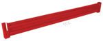A rectangular red metal beam, similar to the Vestil Drop-In Style Guard Rail 9 Ft Red, is set against a white background with eight screws and washers beside it for assembly.