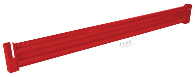 A rectangular red metal beam, similar to the Vestil Drop-In Style Guard Rail 9 Ft Red, is set against a white background with eight screws and washers beside it for assembly.