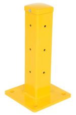 The Vestil Rigid Tube Post 18 In Drop-In Style Yellow is a sturdy metal bollard with a square base featuring four mounting holes and a rectangular design with multiple height holes, ideal for traffic or safety applications.