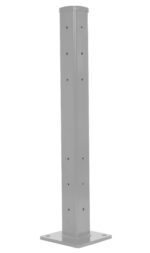 The Vestil Rigid Tube Post 42 In Drop-In Style Silver Lining is tall and rectangular, featuring a gray design with multiple evenly spaced holes along its 42-inch length. It has a square base with four rounded corners and is finished in sleek silver lining.