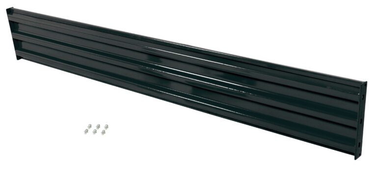 GR-F3R-BO-10-BK_A.jpg A diagonal image displays a dark green, ribbed metal shelf bracket against a white background, with five small silver screws nearby, echoing the robust design of the Vestil Bolt-On Style Guard Rail 10 Ft Black.