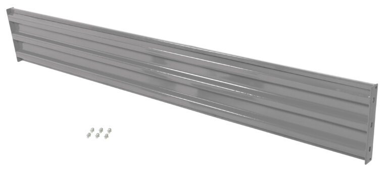 GR-F3R-BO-10-GYSG_A.jpg A diagonally shown gray metal panel with a ribbed design resembles the Vestil Bolt-On Style Guard Rail 10 Ft Gray Semi Gloss. Four small metal screws near the semi-gloss finish indicate easy installation.