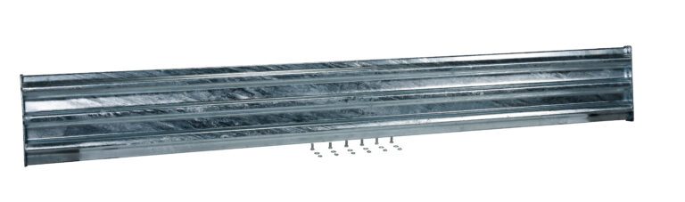 GR-F3R-BO-10-HDG_A.jpg A Vestil Bolt-On Style Guard Rail 10 Ft Galvanized, displayed horizontally, features a shiny surface with horizontal ridges. Below it, nine small screws are neatly aligned in a row.