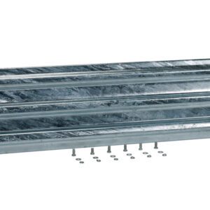 A Vestil Bolt-On Style Guard Rail 10 Ft Galvanized, displayed horizontally, features a shiny surface with horizontal ridges. Below it, nine small screws are neatly aligned in a row.