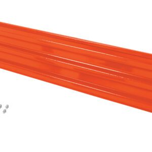 The Vestil Bolt-On Style Guard Rail 10 Ft Orange includes a long, ridged, rectangular metal bracket and comes with six screws on a crisp white background.