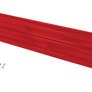 The Vestil Bolt-On Style Guard Rail 10 Ft Red boasts a sleek design with subtle grooves and a glossy finish, is slightly angled, and includes five screws for secure installation.