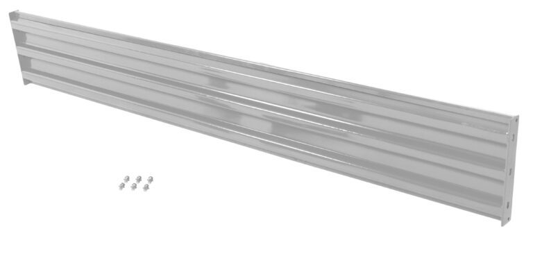 GR-F3R-BO-10-SL_A.jpg A rectangular metallic vent cover with horizontal slats is shown on a white background, echoing the robust design of a Vestil Bolt-On Style Guard Rail 10 Ft Silver, with neatly placed silver screws for installation on the left side.