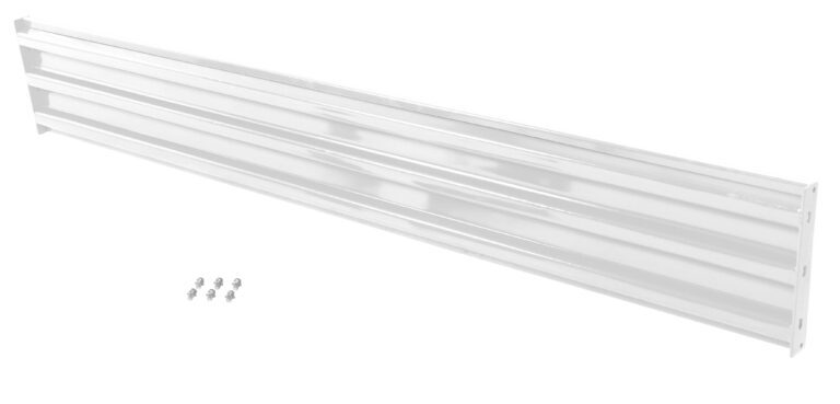 A diagonal, slotted metallic channel with a reflective surface and small mounting holes, accompanied by six screws in two rows, resembles the Vestil Bolt-On Style Guard Rail 10 Ft White against a plain white background.
